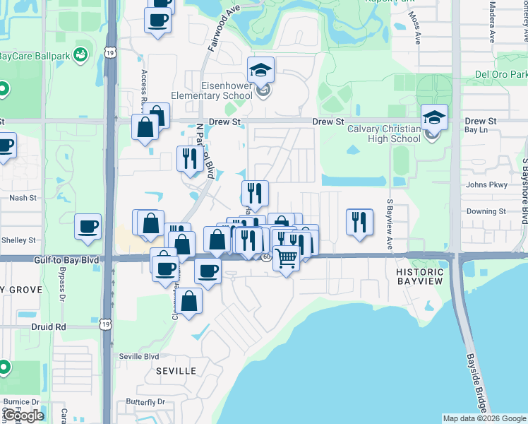 map of restaurants, bars, coffee shops, grocery stores, and more near 216 David Avenue in Clearwater