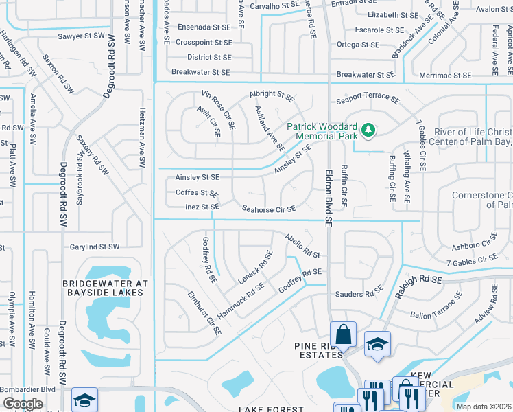 map of restaurants, bars, coffee shops, grocery stores, and more near 291 Seahorse Circle Southeast in Palm Bay
