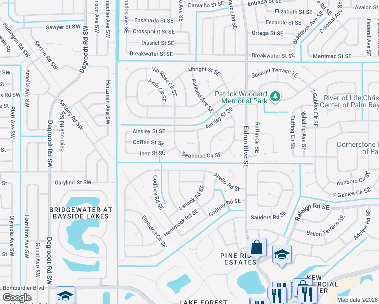 map of restaurants, bars, coffee shops, grocery stores, and more near 291 Seahorse Circle Southeast in Palm Bay