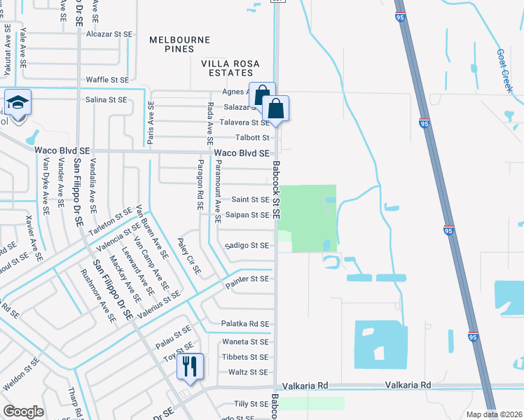 map of restaurants, bars, coffee shops, grocery stores, and more near 1683 Saipan Street Southeast in Palm Bay