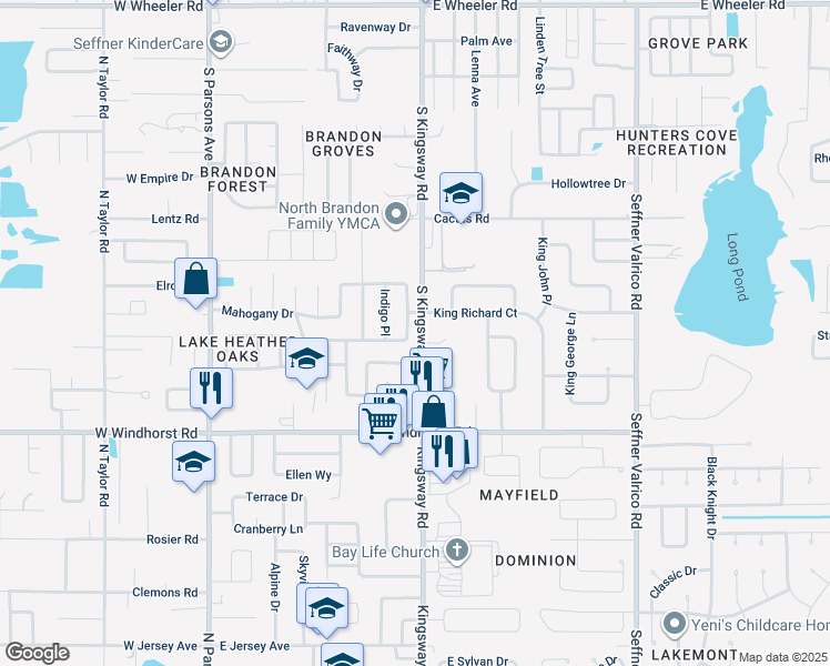map of restaurants, bars, coffee shops, grocery stores, and more near 2906 Ripplewood Drive in Seffner