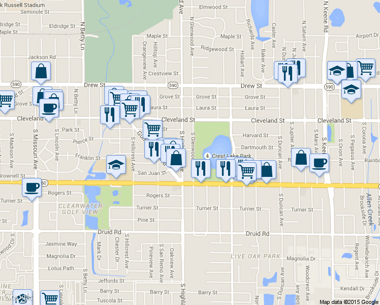 map of restaurants, bars, coffee shops, grocery stores, and more near 300 South Glenwood Avenue in Clearwater