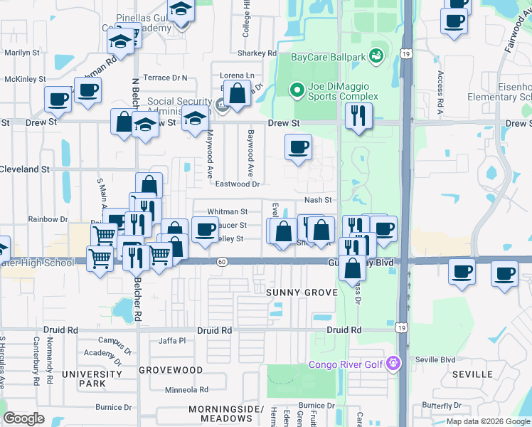 map of restaurants, bars, coffee shops, grocery stores, and more near 201 South Fernwood Avenue in Clearwater