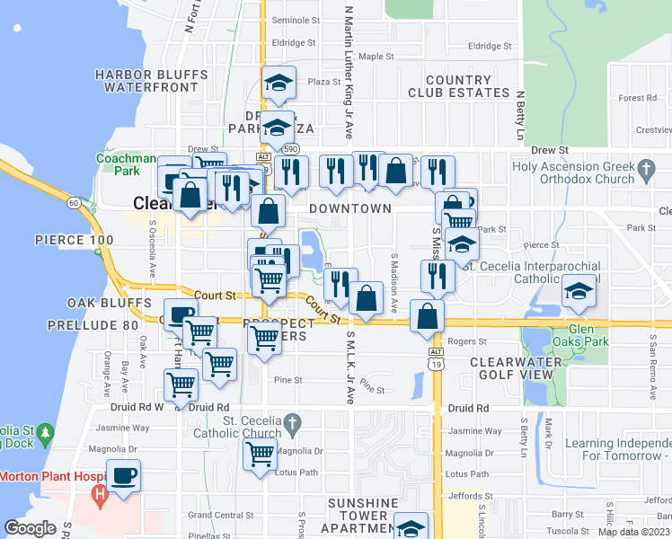 map of restaurants, bars, coffee shops, grocery stores, and more near 211 Ewing Avenue in Clearwater