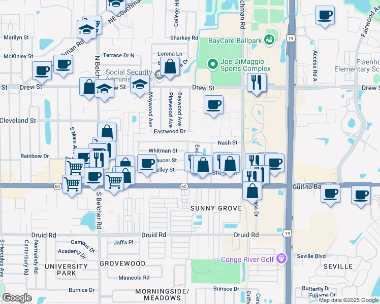 map of restaurants, bars, coffee shops, grocery stores, and more near 201 South Fernwood Avenue in Clearwater
