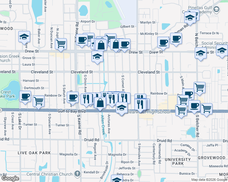 map of restaurants, bars, coffee shops, grocery stores, and more near 210 South Meteor Avenue in Clearwater