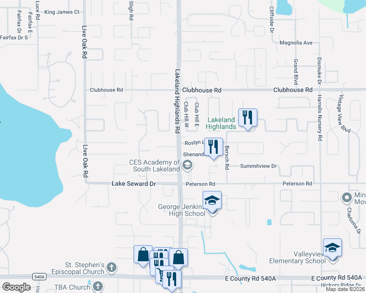 map of restaurants, bars, coffee shops, grocery stores, and more near 2205 Roslyn Lane in Lakeland