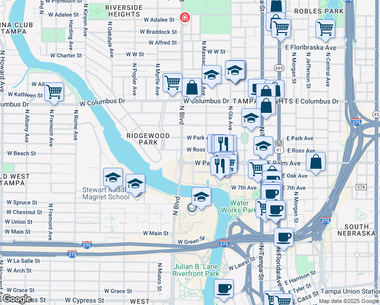 map of restaurants, bars, coffee shops, grocery stores, and more near 2124 North Garcia Avenue in Tampa