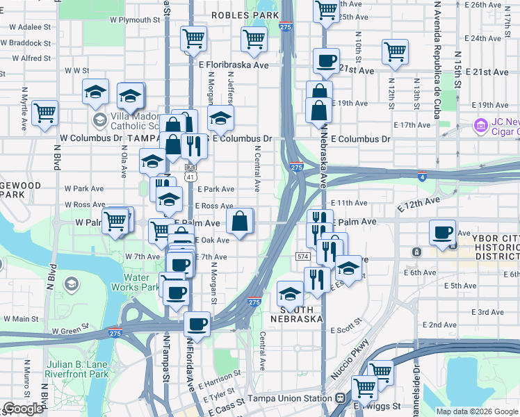 map of restaurants, bars, coffee shops, grocery stores, and more near 2015 North Central Avenue in Tampa