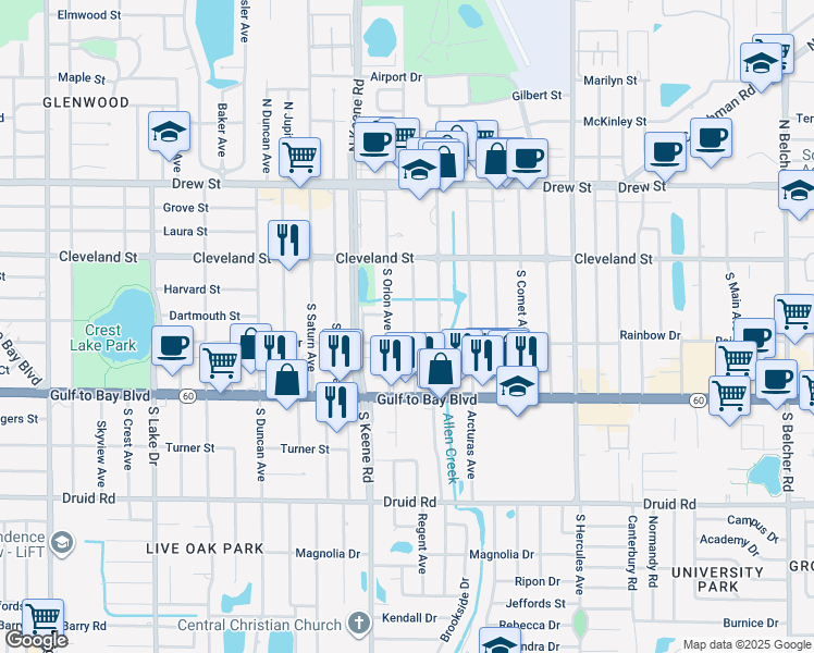 map of restaurants, bars, coffee shops, grocery stores, and more near 210 South Pegasus Avenue in Clearwater