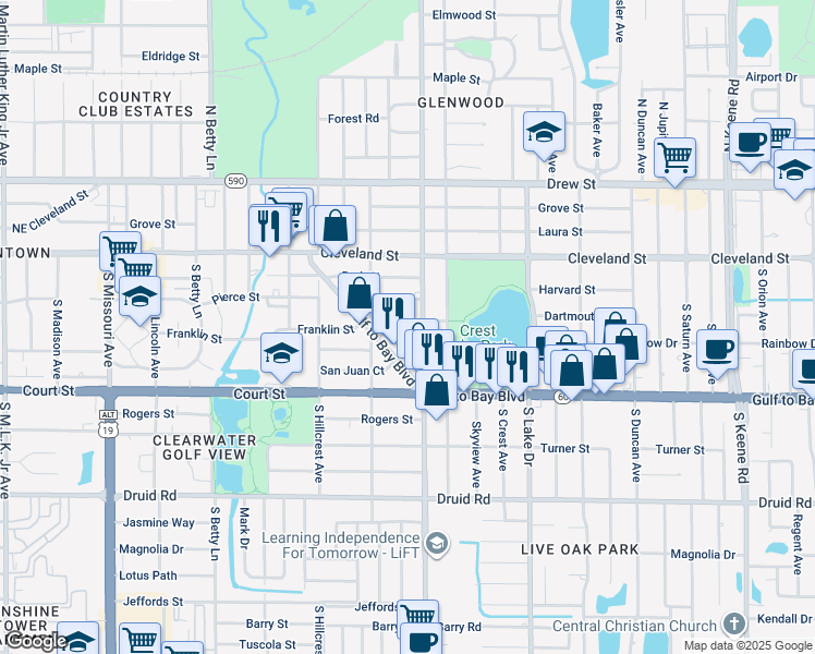 map of restaurants, bars, coffee shops, grocery stores, and more near 1481 Franklin Street in Clearwater