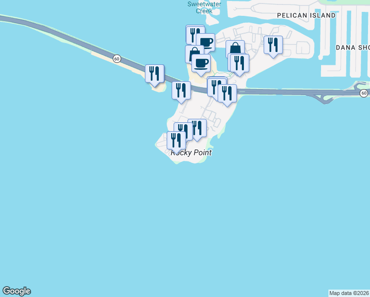 map of restaurants, bars, coffee shops, grocery stores, and more near 2525 North Rocky Point Drive in Tampa