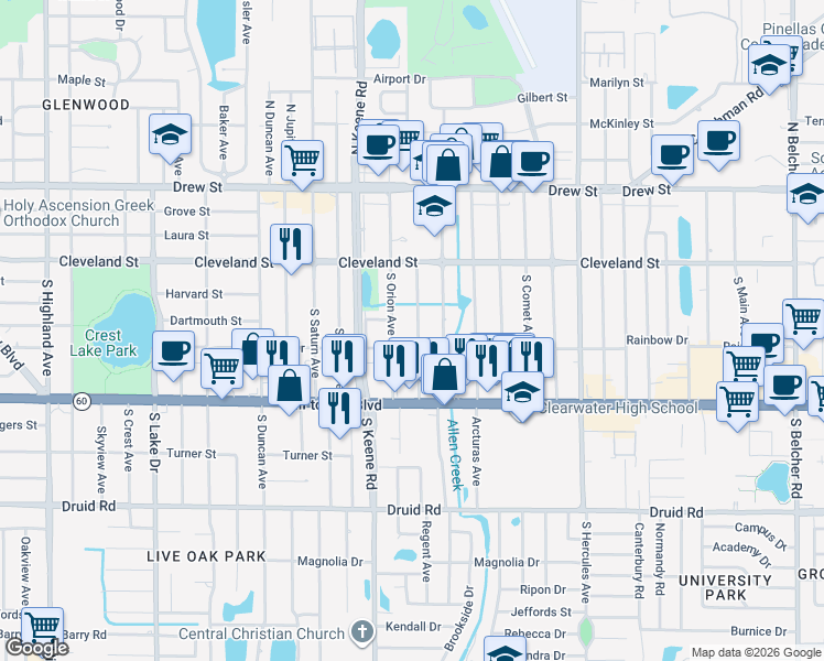 map of restaurants, bars, coffee shops, grocery stores, and more near 210 South Pegasus Avenue in Clearwater