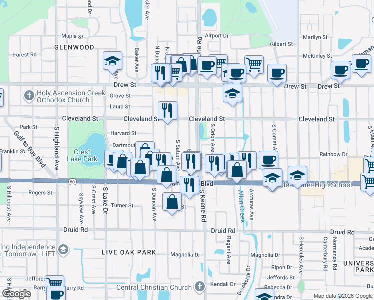 map of restaurants, bars, coffee shops, grocery stores, and more near 208 South Mars Avenue in Clearwater