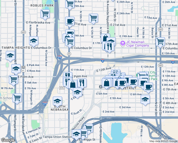 map of restaurants, bars, coffee shops, grocery stores, and more near 953 East 11th Avenue in Tampa