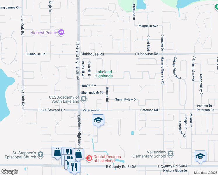 map of restaurants, bars, coffee shops, grocery stores, and more near 5616 Bersch Road in Lakeland