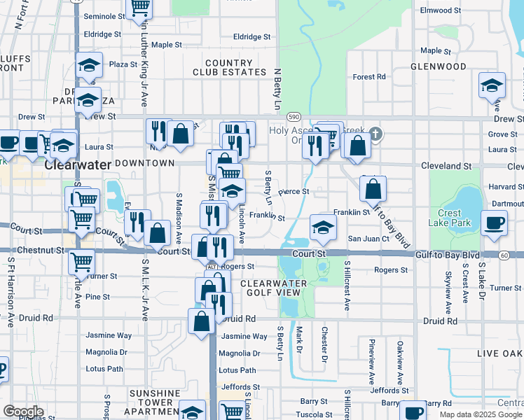 map of restaurants, bars, coffee shops, grocery stores, and more near 214 Avanda Court in Clearwater