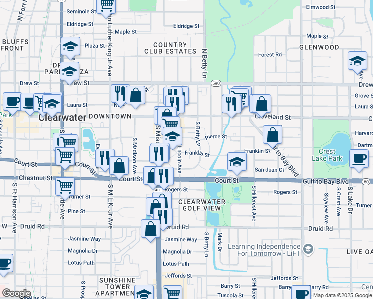 map of restaurants, bars, coffee shops, grocery stores, and more near 214 Avanda Court in Clearwater