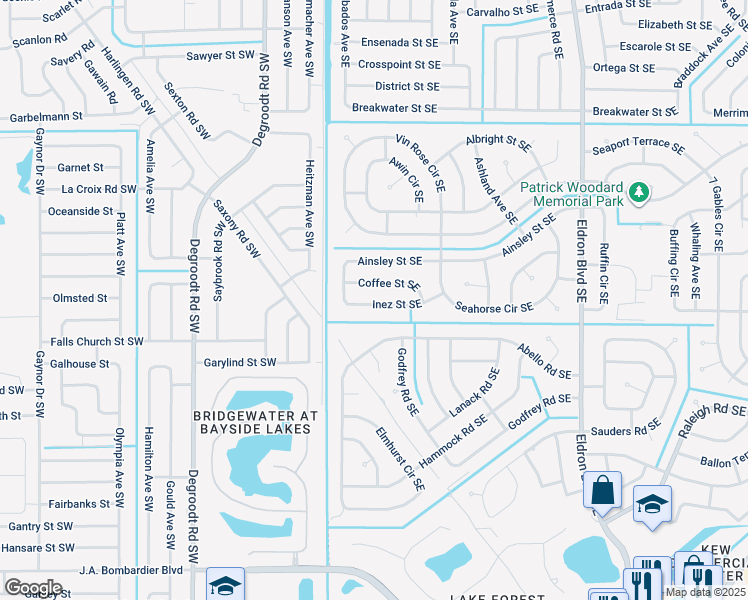 map of restaurants, bars, coffee shops, grocery stores, and more near 127 Inez Street Southeast in Palm Bay