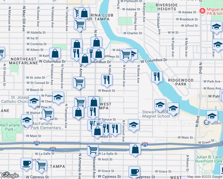 map of restaurants, bars, coffee shops, grocery stores, and more near 2501 North Albany Avenue in Tampa