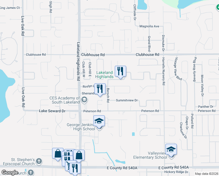map of restaurants, bars, coffee shops, grocery stores, and more near 5616 Bersch Road in Lakeland