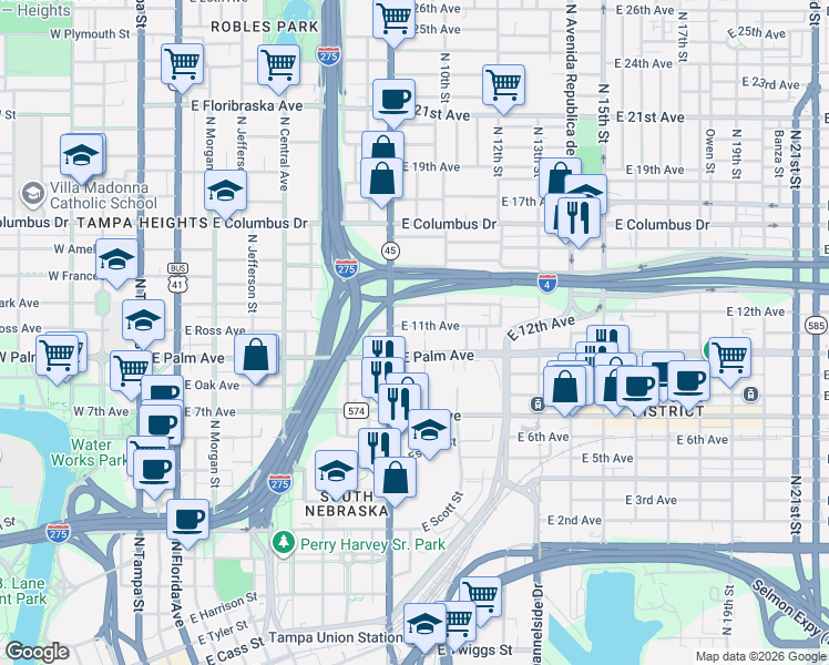 map of restaurants, bars, coffee shops, grocery stores, and more near 913 East 11th Avenue in Tampa