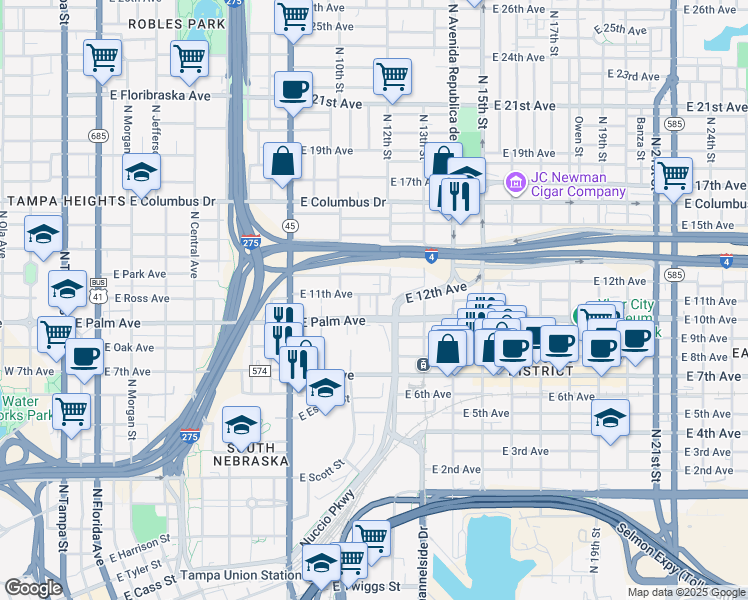 map of restaurants, bars, coffee shops, grocery stores, and more near 953 East 11th Avenue in Tampa
