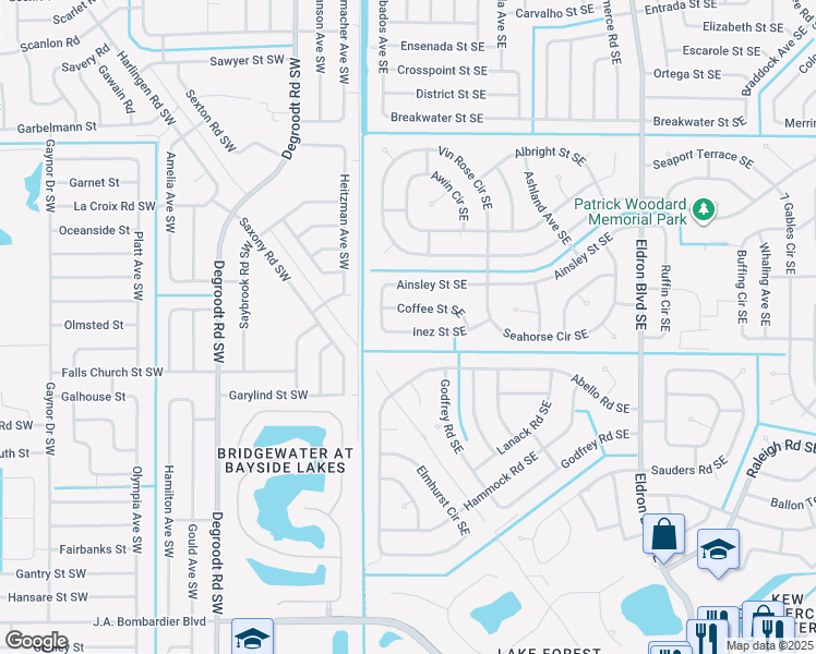 map of restaurants, bars, coffee shops, grocery stores, and more near 119 Inez Street Southeast in Palm Bay