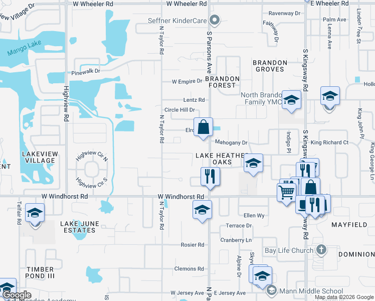 map of restaurants, bars, coffee shops, grocery stores, and more near 228 Taylor Bay Lane in Brandon