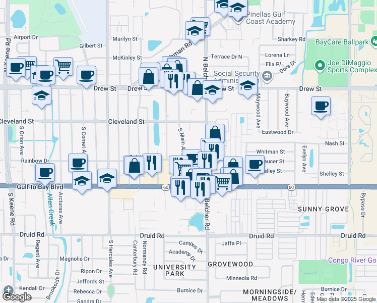 map of restaurants, bars, coffee shops, grocery stores, and more near 2170 Rainbow Dr in Clearwater