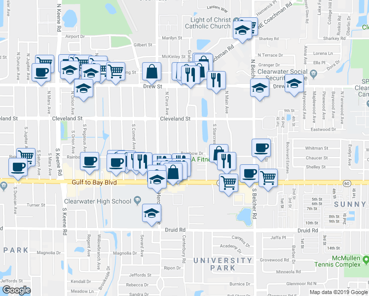 map of restaurants, bars, coffee shops, grocery stores, and more near 204 South Mercury Avenue in Clearwater