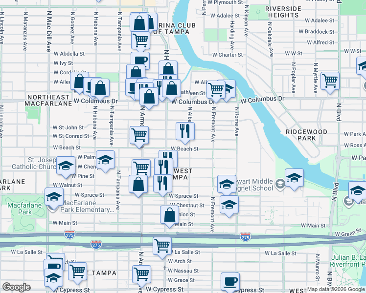 map of restaurants, bars, coffee shops, grocery stores, and more near 2113 West Beach Street in Tampa