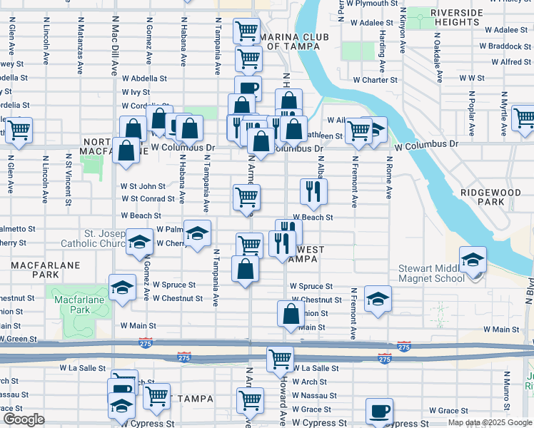 map of restaurants, bars, coffee shops, grocery stores, and more near 2313 West Beach Street in Tampa