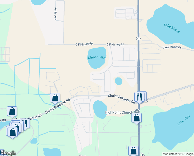 map of restaurants, bars, coffee shops, grocery stores, and more near 208 Dinner Lake Loop in Lake Wales