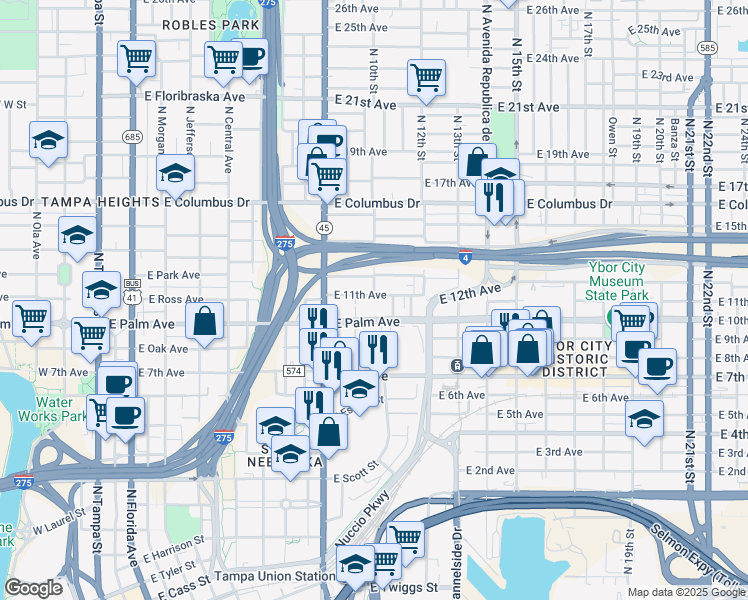 map of restaurants, bars, coffee shops, grocery stores, and more near 929 East 11th Avenue in Tampa