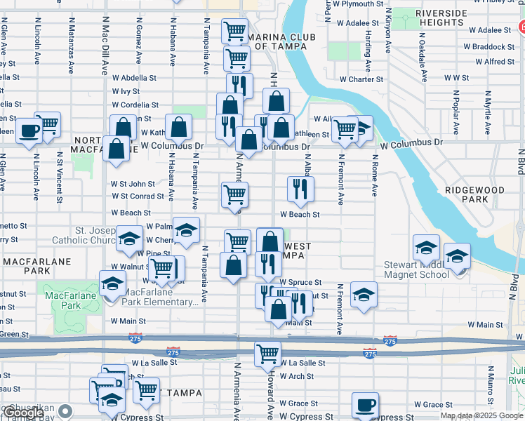 map of restaurants, bars, coffee shops, grocery stores, and more near 2313 West Beach Street in Tampa