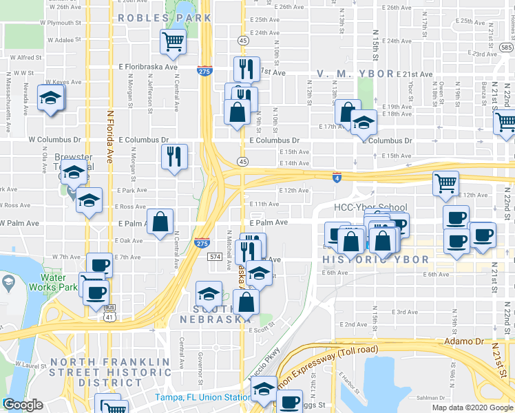 map of restaurants, bars, coffee shops, grocery stores, and more near in Tampa