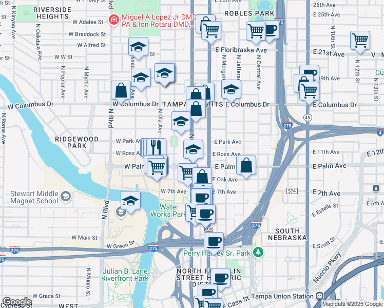 map of restaurants, bars, coffee shops, grocery stores, and more near 2108 North Tampa Street in Tampa