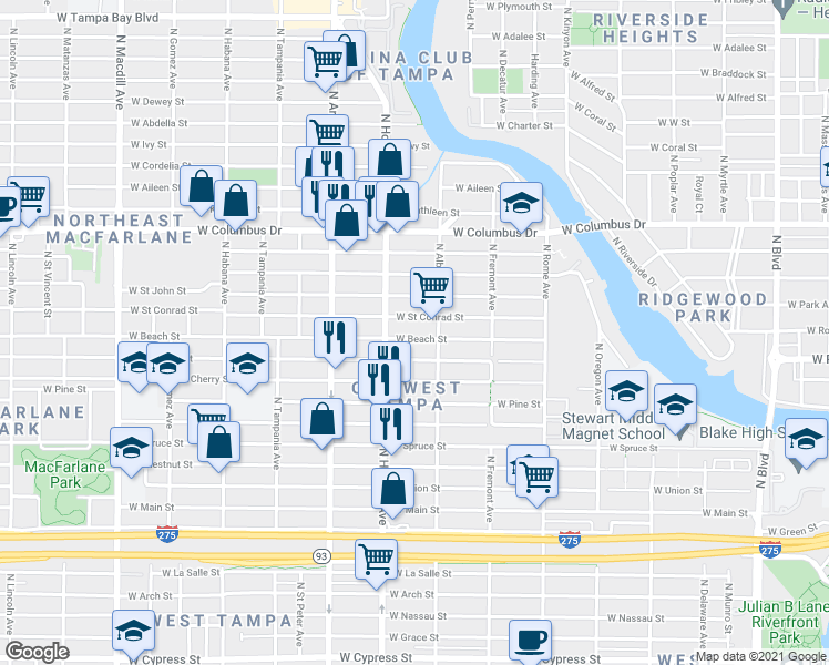 map of restaurants, bars, coffee shops, grocery stores, and more near 2127 West Beach Street in Tampa