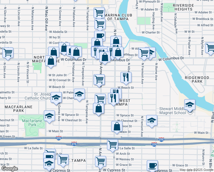 map of restaurants, bars, coffee shops, grocery stores, and more near 2313 West Beach Street in Tampa