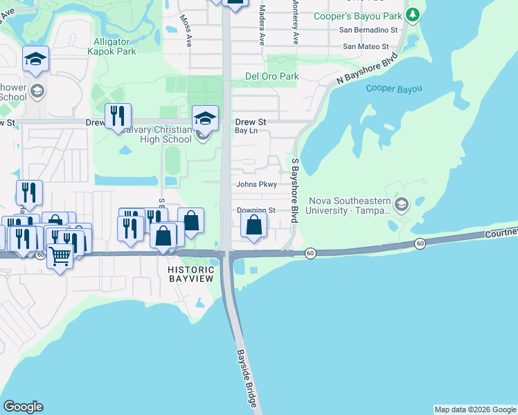map of restaurants, bars, coffee shops, grocery stores, and more near 3137 Downing Street in Clearwater