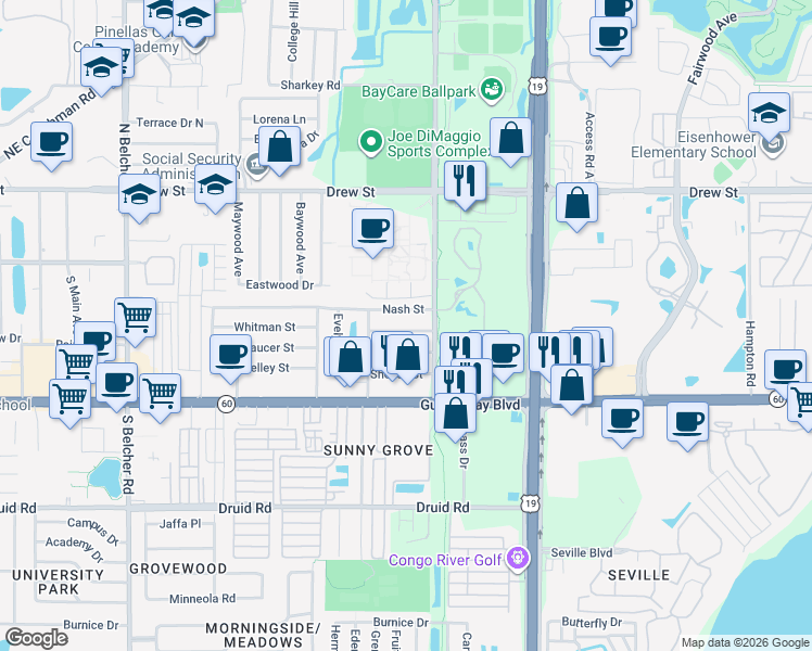 map of restaurants, bars, coffee shops, grocery stores, and more near 2457 Whitman Street in Clearwater