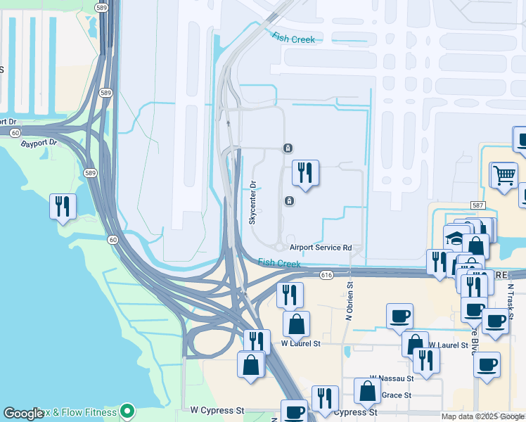 map of restaurants, bars, coffee shops, grocery stores, and more near 5411 Skycenter Drive in Tampa