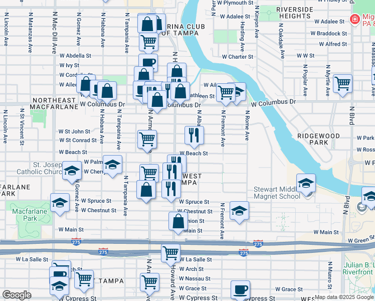 map of restaurants, bars, coffee shops, grocery stores, and more near 2127 West Beach Street in Tampa