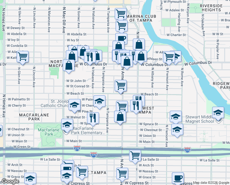 map of restaurants, bars, coffee shops, grocery stores, and more near 2525 West Beach Street in Tampa