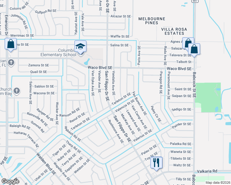 map of restaurants, bars, coffee shops, grocery stores, and more near 1378 Vandalia Avenue Southeast in Palm Bay