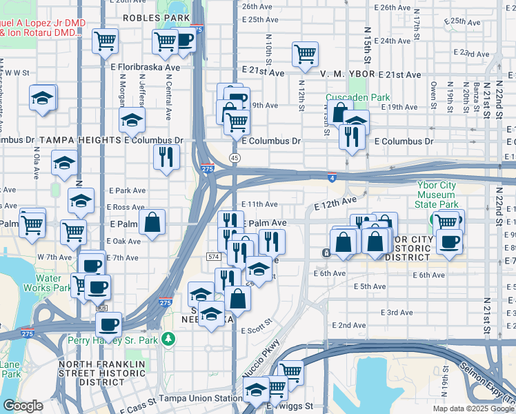 map of restaurants, bars, coffee shops, grocery stores, and more near 919 East 11th Avenue in Tampa