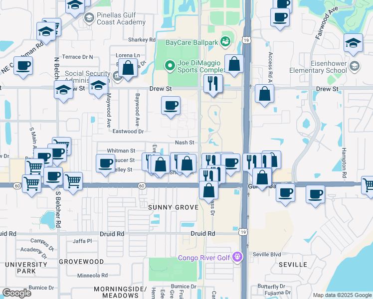 map of restaurants, bars, coffee shops, grocery stores, and more near 2457 Whitman Street in Clearwater
