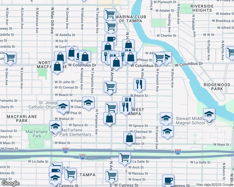 map of restaurants, bars, coffee shops, grocery stores, and more near 2313 West Beach Street in Tampa