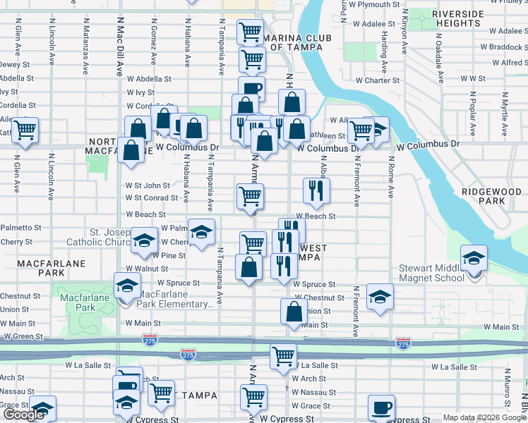 map of restaurants, bars, coffee shops, grocery stores, and more near 2412 West Beach Street in Tampa